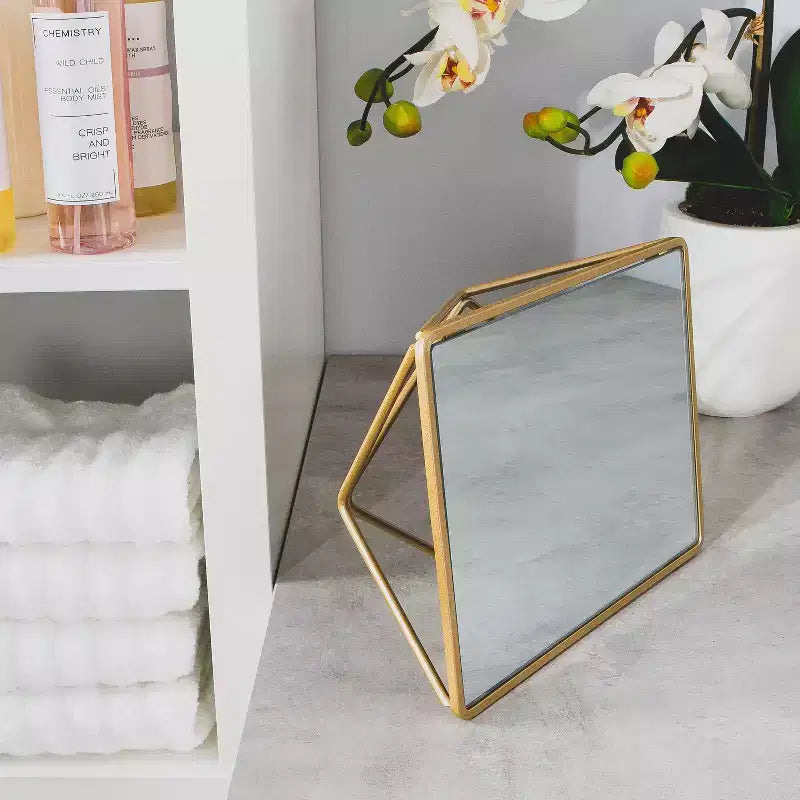 Bathroom Vanity Mirrors Gold - Home Details: Square Freestanding Steel Frame, Magnifying Surface
