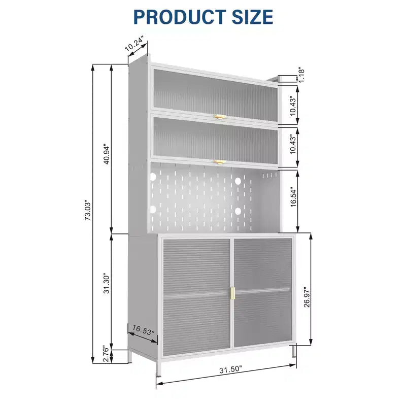 73 Standing Storage Cabinet, 6 Level Storage with Fluted Flip Doors, Open Shelf with Pegboard for More Scenes, Suit for Kitchen, Living Room