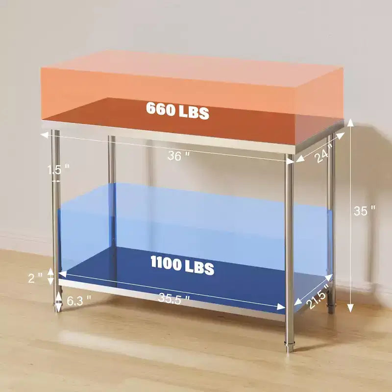 Stainless Steel Work Table with 2-Tier Storage, Adjustable Undershelf, 660LBS NSF Commercial Table for Food Prep, Kitchen, Restaurants