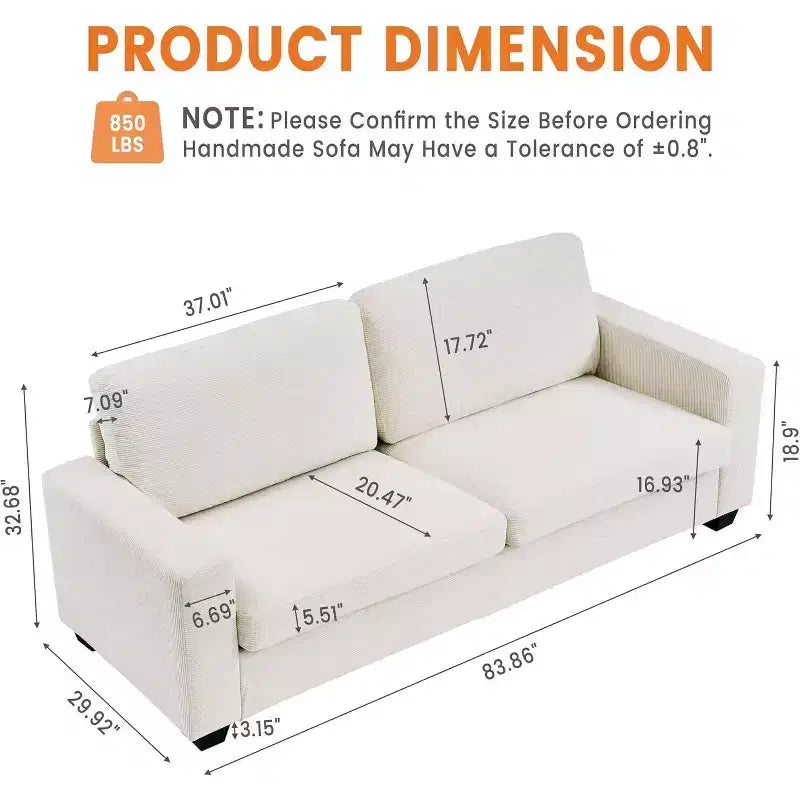 83 Comfy Corduroy Couches, Modern Upholstered Sofa, Cloud Couch, for Living Room, Apartment, Beige