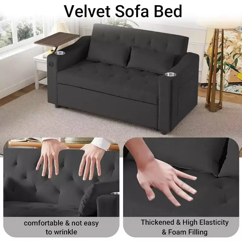 MooxvMoo 3 in 1 Sleeper Sofa Bed,Convertible Pull Out Couch with Small Table,USB and Type-C Ports,Loveseat Sleeper Bed with Side Pockets,Black
