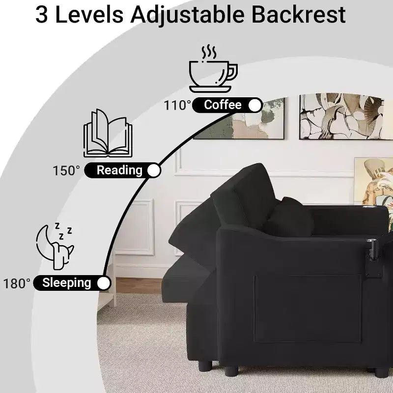 MooxvMoo 3 in 1 Sleeper Sofa Bed,Convertible Pull Out Couch with Small Table,USB and Type-C Ports,Loveseat Sleeper Bed with Side Pockets,Black
