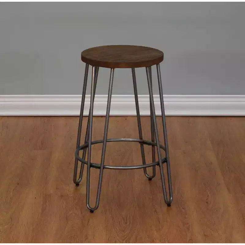 24" Quinn Counter Height Barstool Metal - ACEssentials: Industrial Style, Round Wood Seat, Steel Frame, Fixed Height